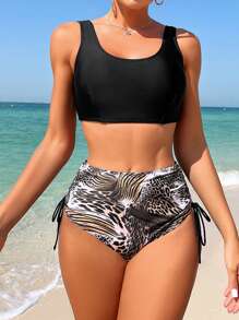 SHEIN Swim Summer Animal Printed Spliced Round Neck Bikini Set - Black - View 3