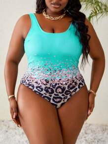 Slaydiva 2 pièces/set Maillot de bain une pièce avec jupe cache-maillot à imprimé léopard pour femmes grandes tailles, pour l'été - Bleu ciel - Voir 4