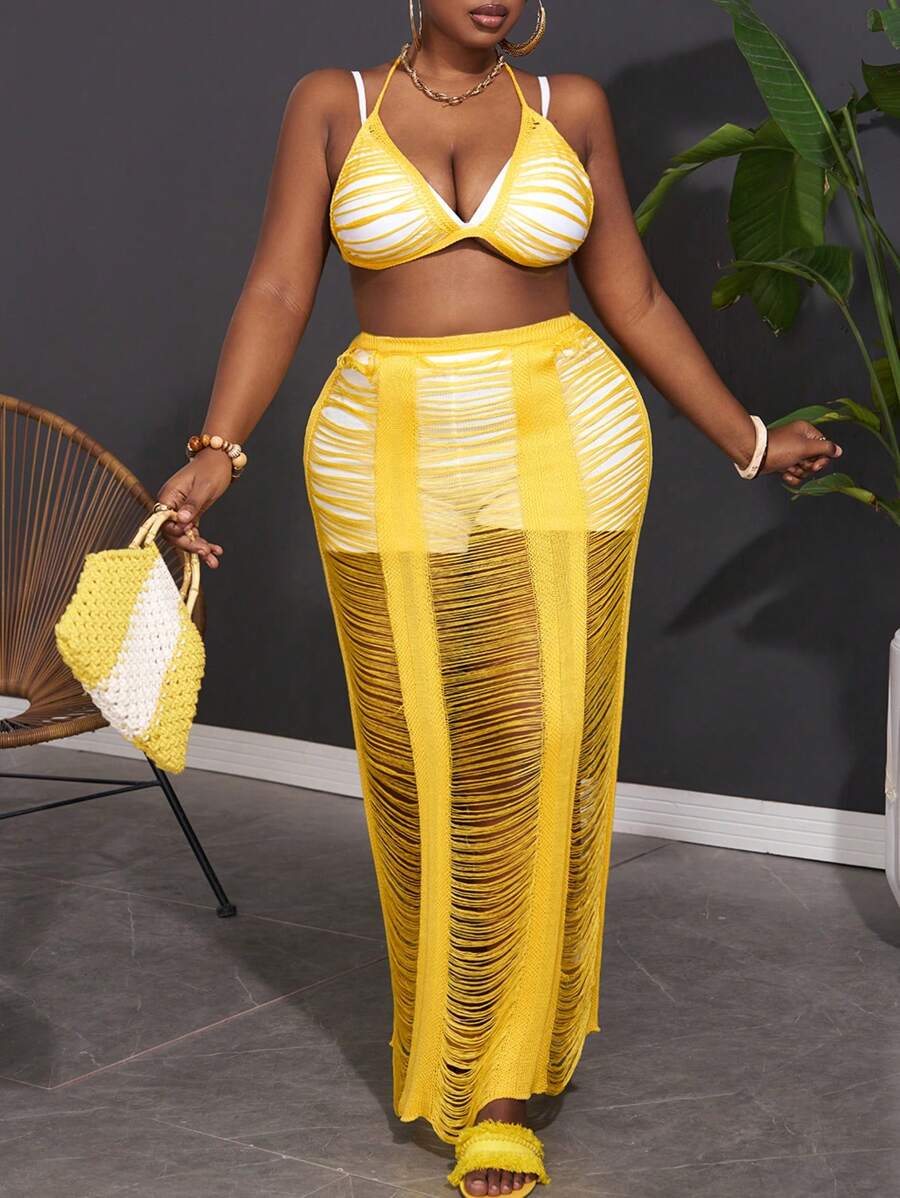 Slaydiva Plus Size Vacation Style Sexy Slim Fit Tassel See-Through Hollow Out Top And Skirt Knitwear Two-Piece Set For Women-Z