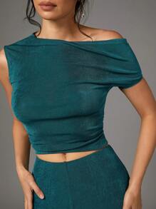 Silquee Summer Green Asymmetric One-Shoulder Gathered Pleated Women's Top And Wide-Leg Loose Trousers Women's Trousers Two-Piece Set