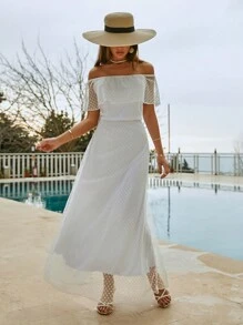 RueChic Women Off Shoulder Ruff Trim Long Dress - White - View 5