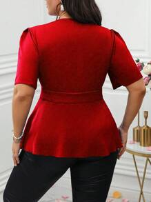 Celure Plus Size Solid Color Deep V-Neck Tie Front Shirt For New Year Clothes Peplum Top - Red - View 2