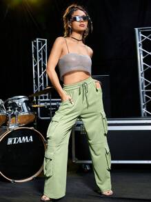 SHEIN Unity Pantalones de chándal casuales con cintura ajustable con cordón y bolsillos múltiples - Verde - Ver 4