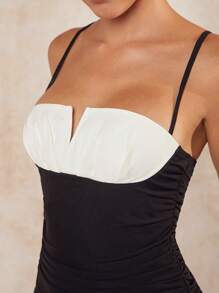 L'Amorae Contrast Notch Bust Ruched Cami Dress - Black and White - View 4