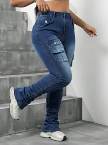 SHEIN ICON Plus Size Washed Denim Pants With Flip Pocket And Layered Design - Dark Wash - View 6