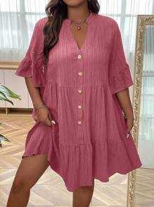 SHEIN LUNE 大尺碼女士夏季嬰兒裝連衣裙,泡泡袖,v領設計 - 藕粉色 - 查看 4