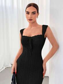 Aloruh 女性浪漫花邊人魚擺鬆緊身連身裙,約會必備 - 黑色 - 查看 5