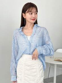 FRIFUL 女式花卉镂空纽扣前长袖衬衫，适合春季休闲风格，透明，秋季女装 - 藍色 - 查看 4