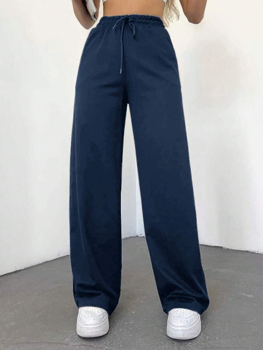 SHEIN Cottnline Pantalones Deportivos De Cintura Con Cordón De Color Liso Para Mujer - Azul - Ver 1