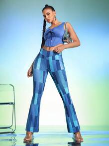 DREAM28 Designer Denim Effect Cowgirl Flare Leg Leggings, For Summer, Holiday, Vacation, Festival, Ibiza Fits - Blue - View 3