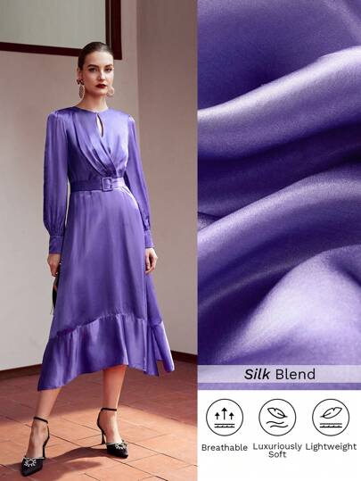 MOTF PREMIUM SILK SOLID KEYHOLE NECK RUFFLE HEM BUCKLE BELTED DRESS