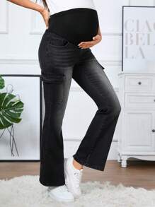 Quần Jeans Ống Loe Lưng Cao Quần Jeans Công Sở Cho Bà Bầu Có Túi - màu đen - Xem 4