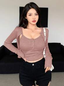 DAZY Ladies' Long Sleeve Ribbed T-Shirt And Crop Cami Top Set - Pink - View 4