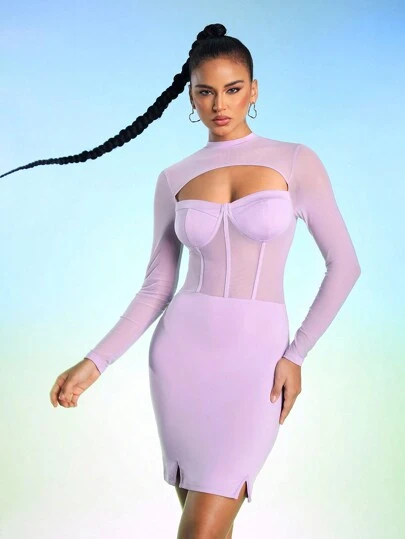 POLLEN X BEE Designer Women's Sexy Mesh Mix Patchwork Bodycon Dress,Elegant Dress,Fall,For Autumn, Holiday