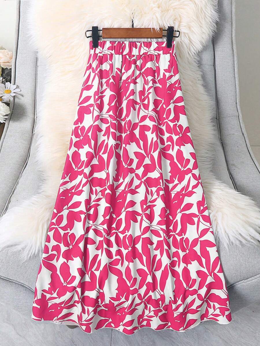 Falda maxi de mujer EARO con estampado floral y cintura elástica, estilo de vacaciones - Rosa Fucsia - Ver 1