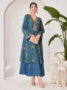 Al Najma Embroidery Patchwork Long Dress With Belt - Multicolor - View 8