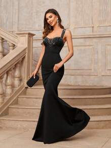 Aureia Elegant And Gorgeous Black Rhinestone Decoration Contrast Mesh Sleeveless High Waist Slimming Knitted Mermaid Heavy Industry Dress Formal Ball Gown For Women, Prom Evening Wedding Guest Dress, For Graduation, Dinner Party Dress