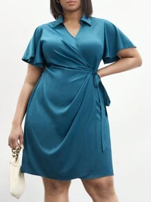 BizChic Plus Size Solid Color Side Knot V-Neck Casual Elegant Dress, Wedding Guest Dress