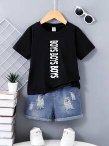 SHEIN 年輕男孩時尚字母印花牛仔短褲套裝 - 黑色 - 查看 1