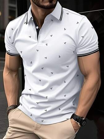 Manfinity Mode Men's Anchor Pattern Printed Summer Casual Short Sleeved Polo Shirt , Collar Colorful Work Husband