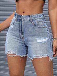 SHEIN EZwear Quý cô Đau khổ Quần short Denim Với Túi - Rửa nhẹ - Xem 4