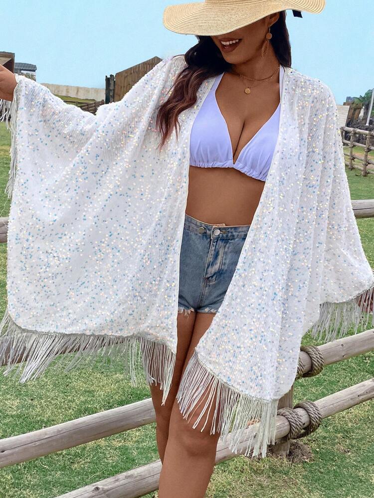 Plus Size Loose Fit Sequin Fringe Hem Open Front Jacket