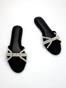 Women's Elegant Feng Shui Rhinestone & Pearl Decorated Flat Sandals, Casual/Party, Black Satin Material, Round Toe - Black - View 2