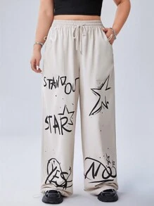 SHEIN EZwear CURVE 街頭風格塗鴉圖案印花寬鬆喇叭褲,適合大碼尺碼