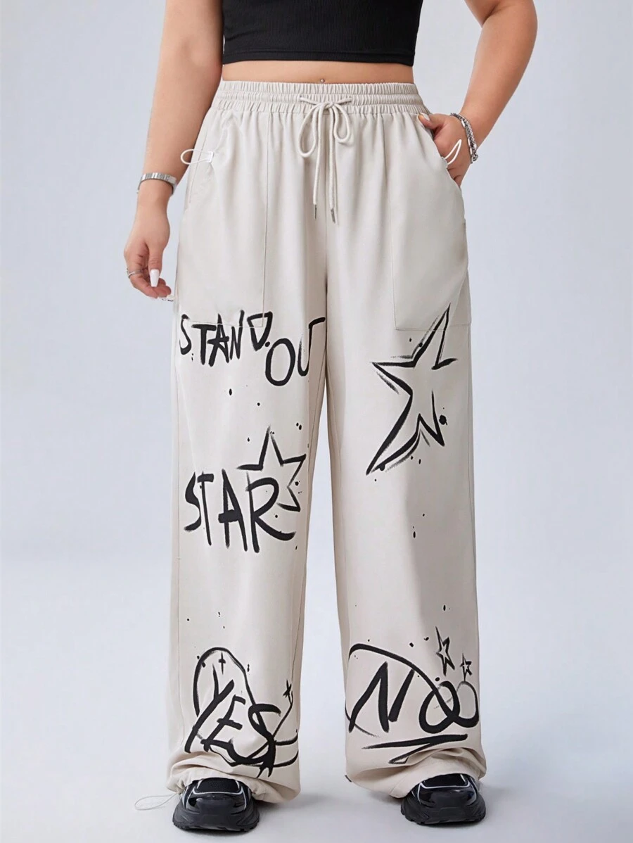 SHEIN EZwear CURVE 街頭風格塗鴉圖案印花寬鬆喇叭褲,適合大碼尺碼