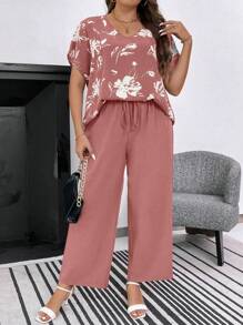 SHEIN LUNE Bộ đồ hai mảnh tay cánh dơi in hoa cỡ lớn và quần dài cho nữ mùa hè - Bụi hồng - Xem 4