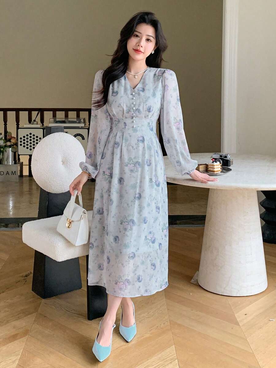 DAZY 花卉雪纺 V 领裹身高腰长袖连衣裙 - 彩色 - 查看 1