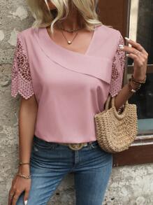 EMERY ROSE Blusa Casual De Manga Corta Con Bordado De Encaje Soluble En Agua Y Parche De Tela Para El Verano