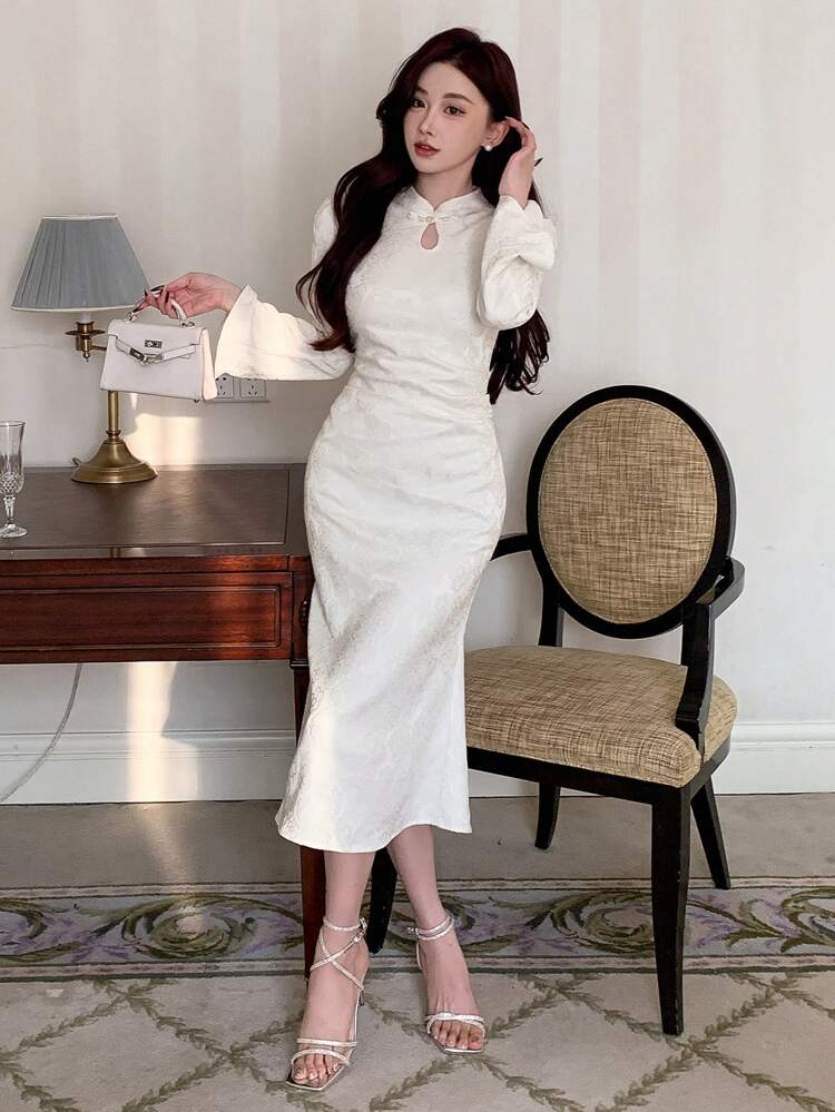 Stand Collar Buttons Decor Bell Sleeve Mermaid Cheongsam Dress, Birthday Prom Dress,Fall Dress Long Sleeve Dress Elegant Women Dresses Maxi Dress