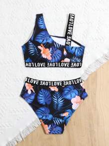 Ensemble bikini bandeau pour fille préadolescente à imprimé tropical aléatoire avec détail de lettre