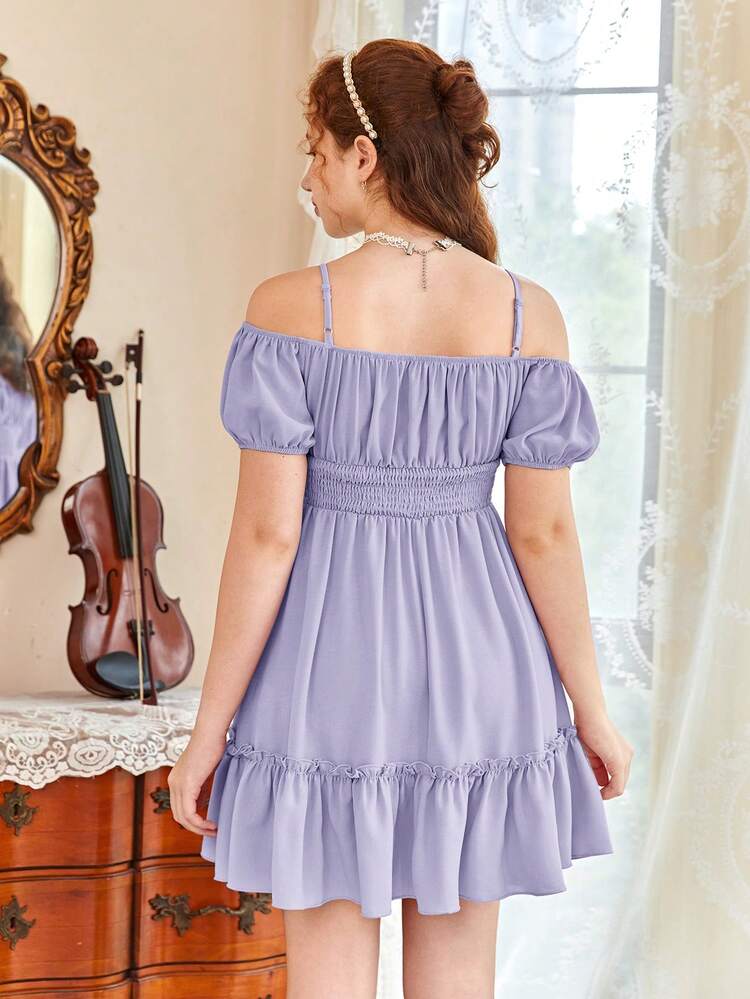 Teen Girl Summer Ruffle Cinched Waist Cold-Shoulder Dress