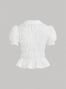 SHEIN MOD 蝴蝶結綁帶折疊蕾絲下擺泡泡袖衣服 - 白色 - 查看 2