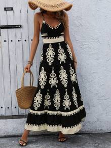 Breezaya 秋季复古可爱蝴蝶结吊带多层拼布波西米亚风格女式连衣裙 - 黑色 - 查看 7