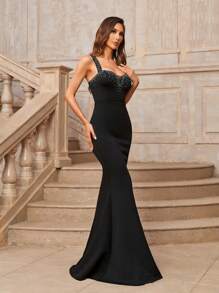 Aureia Elegant And Gorgeous Black Rhinestone Decoration Contrast Mesh Sleeveless High Waist Slimming Knitted Mermaid Heavy Industry Dress Formal Ball Gown For Women, Prom Evening Wedding Guest Dress, For Graduation, Dinner Party Dress