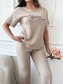 RueChic Slogan Printed Tshirt And Pant Lounge Set - Beige - View 3