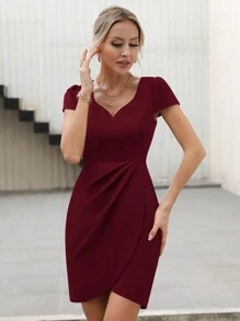 Missufe Women's Sweetheart Neck Pleated Tulip Hem Bodycon Elegant Party Dress - Burgundy - View 3
