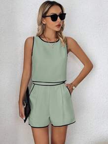SHEIN Clasi Women's Color Block Edged Sleeveless Top And Shorts Two Pieces Set For Summer