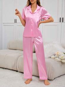 Conjunto de pijama con camisa de manga corta con cuello vuelto y botones, y pantalones, en bloque de color con ribete, para primavera/verano - Rosa - Ver 6