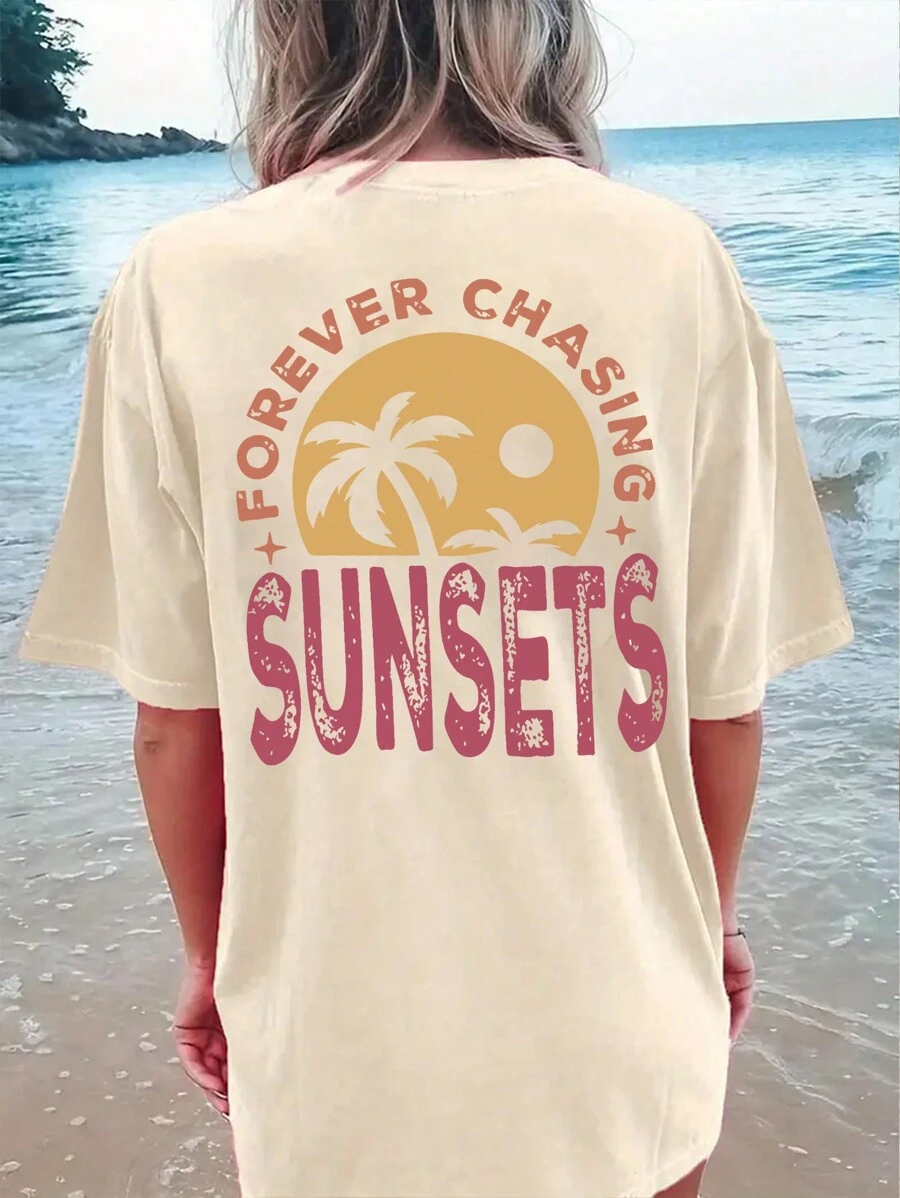INAWLY 椰子树和字母印花落肩宽松短袖 T 恤，适合夏季休闲装 FOREVER CHASING SUNSETS - 杏色 - 查看 1
