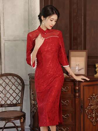 Women's Stand Collar Floral Jacquard Contrast Lace Cuff Elegant Qipao Dress