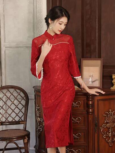 Women's Stand Collar Floral Jacquard Contrast Lace Cuff Elegant Qipao Dress