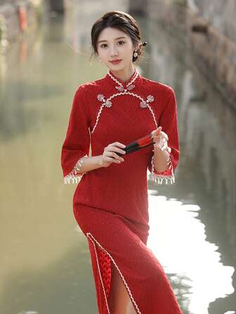 Women's Stand Collar Button Patchwork Fringe Cuff Elegant Qipao Cheongsam Dress
