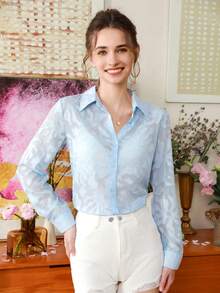 GENKIRA Quý cô Đúng mốt Họa tiết Ngẫu nhiên Tay áo dài Áo sơ mi - Màu xanh lam - Xem 3