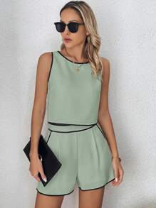 SHEIN Clasi Women's Color Block Edged Sleeveless Top And Shorts Two Pieces Set For Summer