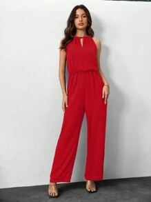 Firerie Mùa hè giản dị Xu hướng: Cắt giảm Vòng eo đế chế Thẳng Áo liền quần ống rộng Không có Tay áo - Đỏ - Xem 5