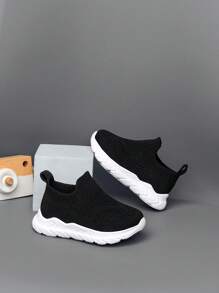 儿童轻便透气套脚运动鞋，弹性鞋面方便穿脱，贴合儿童脚型，纯色设计，适合日常穿着，返校季学生鞋，春秋季款 - 黑色 - 查看 7